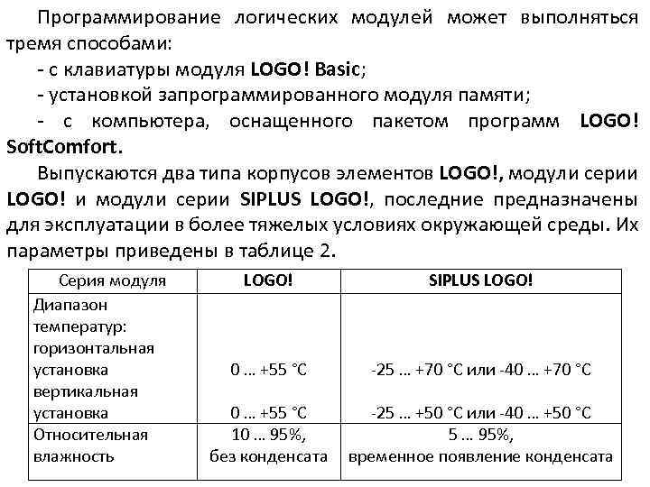 Программирование логических модулей может выполняться тремя способами: - с клавиатуры модуля LOGO! Basic; -