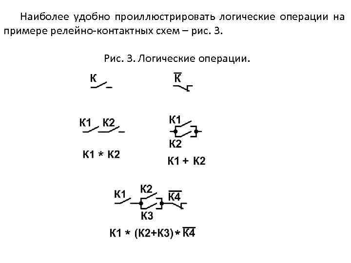 Наиболее удобно проиллюстрировать логические операции на примере релейно-контактных схем – рис. 3. Рис. 3.
