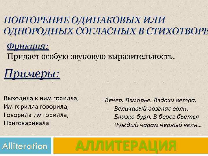 ПОВТОРЕНИЕ ОДИНАКОВЫХ ИЛИ ОДНОРОДНЫХ СОГЛАСНЫХ В СТИХОТВОРЕ Функция: Придает особую звуковую выразительность. Примеры: Выходила
