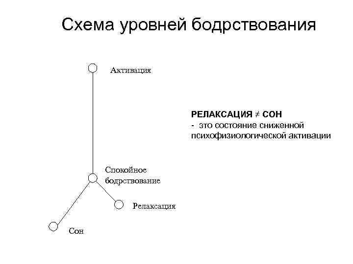 Схема уровней бодрствования Активация РЕЛАКСАЦИЯ ≠ СОН - это состояние сниженной психофизиологической активации Спокойное