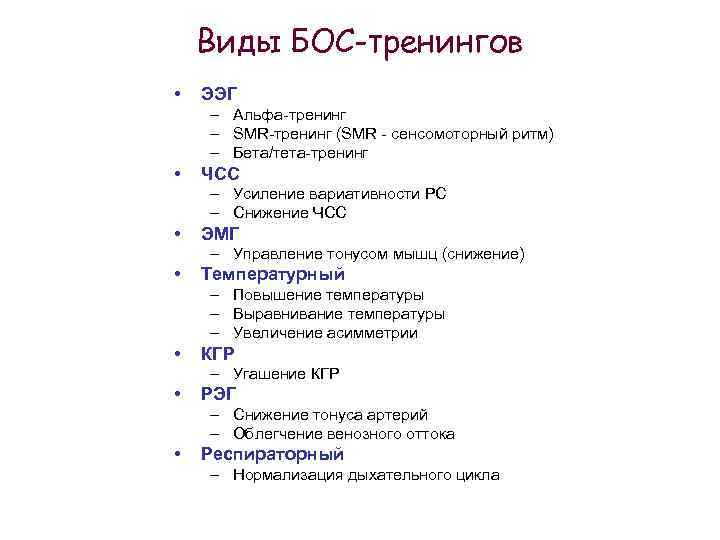 Виды БОС-тренингов • ЭЭГ – Альфа-тренинг – SMR-тренинг (SMR - сенсомоторный ритм) – Бета/тета-тренинг