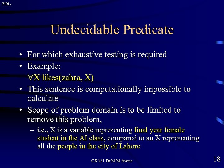 FOL Undecidable Predicate • For which exhaustive testing is required • Example: X likes(zahra,