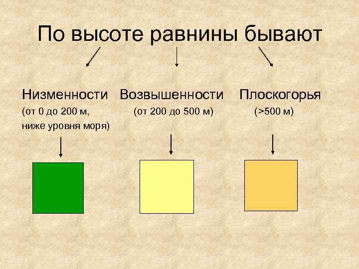 По высоте равнины бывают Низменности Возвышенности (от 0 до 200 м, ниже уровня моря)