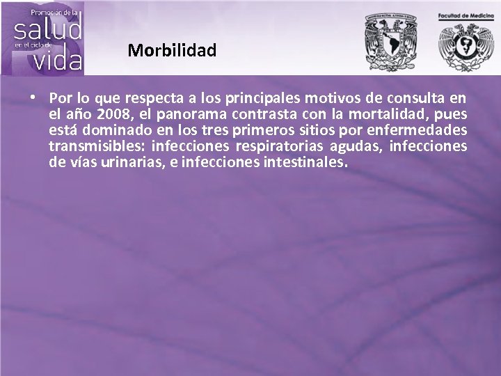 Morbilidad • Por lo que respecta a los principales motivos de consulta en el