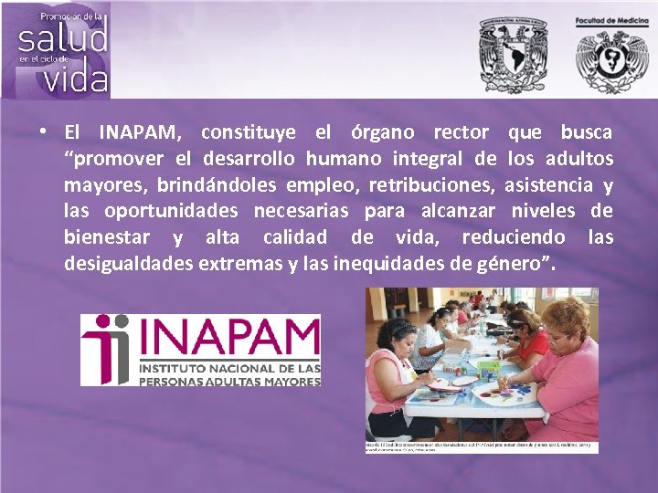  • El INAPAM, constituye el órgano rector que busca “promover el desarrollo humano