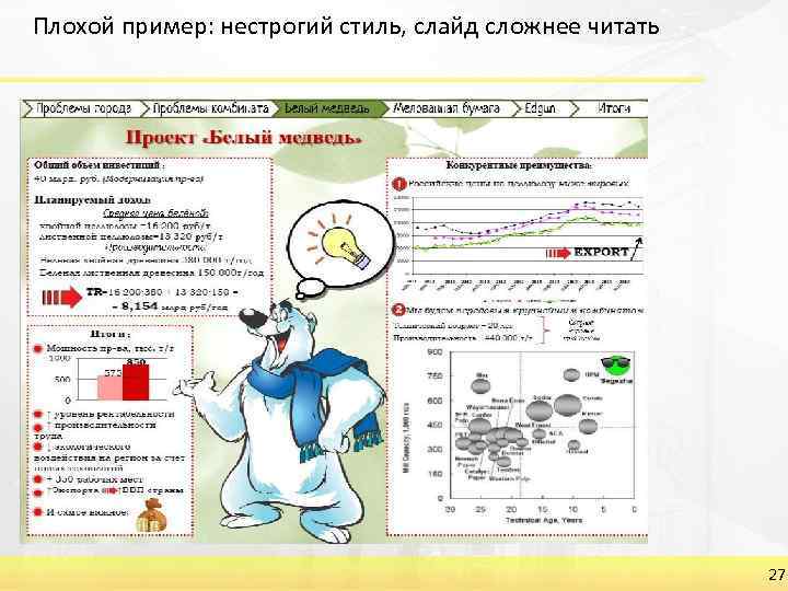 Плохой пример: нестрогий стиль, слайд сложнее читать 27 