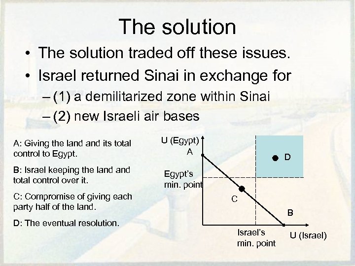 The solution • The solution traded off these issues. • Israel returned Sinai in