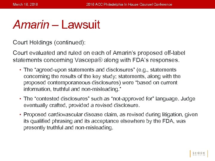 March 16, 2016 ACC Philadelphia In House Counsel Conference Amarin – Lawsuit Court Holdings