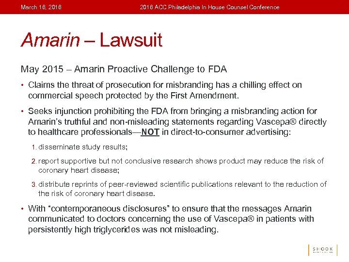 March 16, 2016 ACC Philadelphia In House Counsel Conference Amarin – Lawsuit May 2015