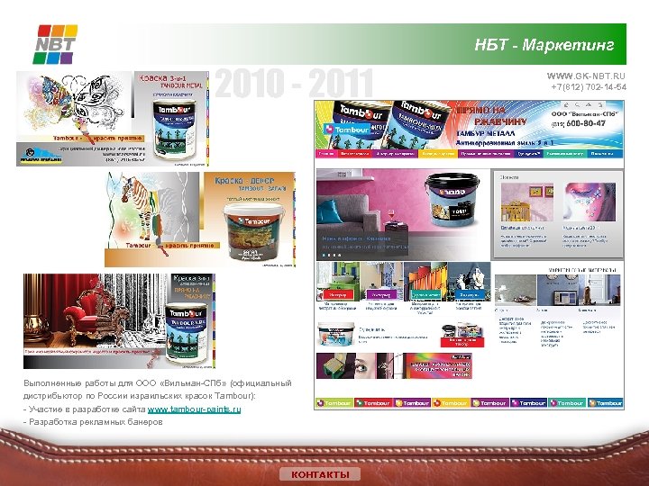НБТ - Маркетинг 2010 - 2011 Выполненные работы для ООО «Вильман-СПб» (официальный дистрибьютор по