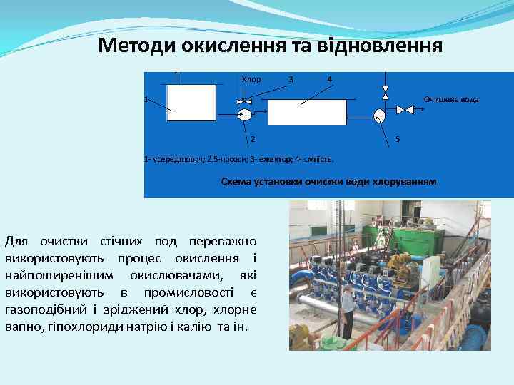 Методи окислення та відновлення Для очистки стічних вод переважно використовують процес окислення і найпоширенішим