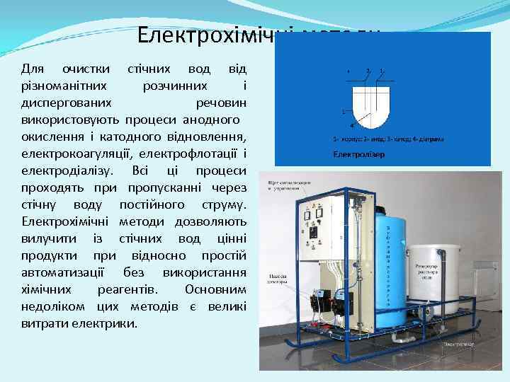 Електрохімічні методи Для очистки стічних вод від різноманітних розчинних і диспергованих речовин використовують процеси