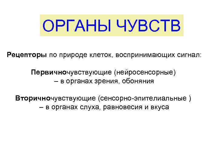 ОРГАНЫ ЧУВСТВ Рецепторы по природе клеток, воспринимающих сигнал: Первичночувствующие (нейросенсорные) – в органах зрения,