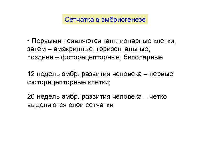 Сетчатка в эмбриогенезе • Первыми появляются ганглионарные клетки, затем – амакринные, горизонтальные; позднее –