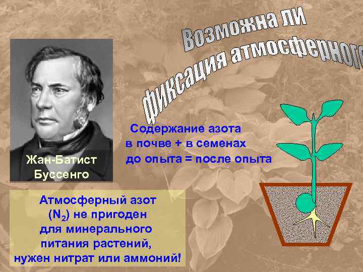 Жан-Батист Буссенго Содержание азота в почве + в семенах до опыта = после опыта