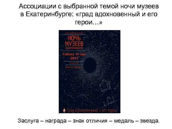 Ассоциации с выбранной темой ночи музеев в Екатеринбурге: «град вдохновенный и его герои…» Заслуга