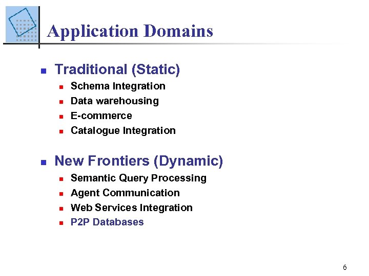 Application Domains n Traditional (Static) n n n Schema Integration Data warehousing E-commerce Catalogue