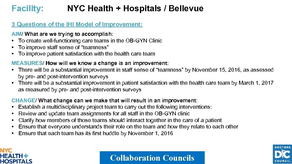 Facility: NYC Health + Hospitals / Bellevue 3 Questions of the IHI Model of