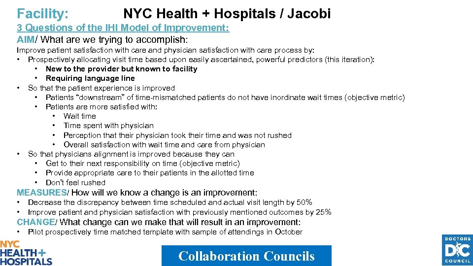 Facility: NYC Health + Hospitals / Jacobi 3 Questions of the IHI Model of
