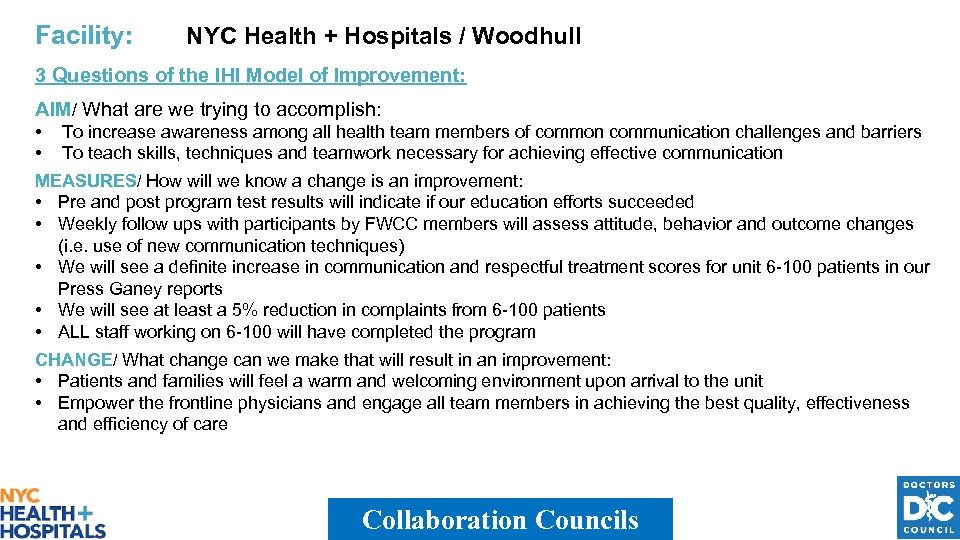 Facility: NYC Health + Hospitals / Woodhull 3 Questions of the IHI Model of