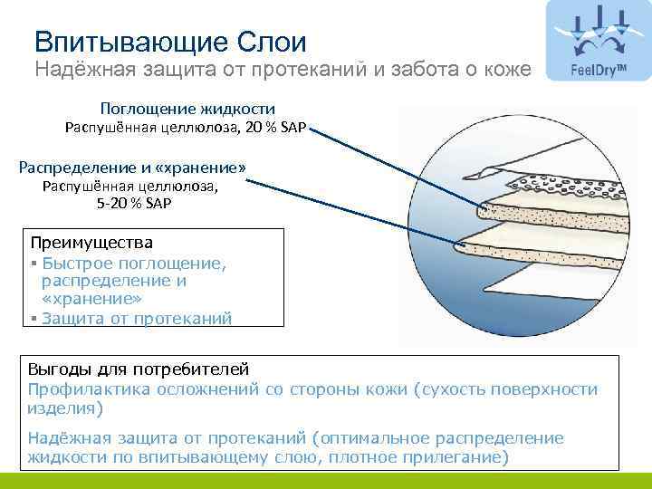 Впитывающие Слои Надёжная защита от протеканий и забота о коже Поглощение жидкости Распушённая целлюлоза,