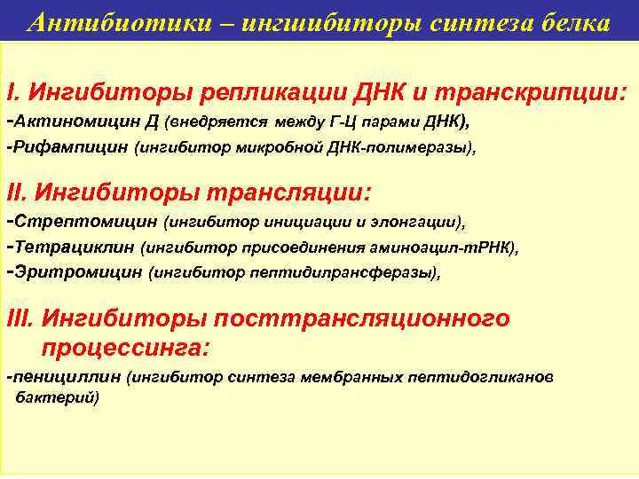 Антибиотики – ингшибиторы синтеза белка I. Ингибиторы репликации ДНК и транскрипции: -Актиномицин Д (внедряется
