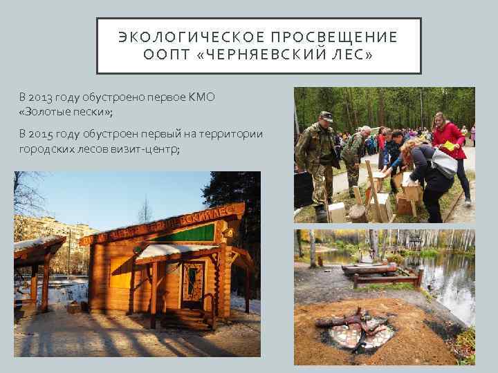 ЭКОЛОГИЧЕСКОЕ ПРОСВЕЩЕНИЕ ООПТ «ЧЕРНЯЕВСКИЙ ЛЕС» В 2013 году обустроено первое КМО «Золотые пески» ;