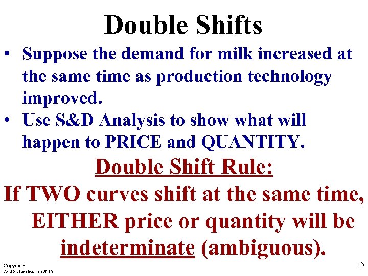 Double Shifts • Suppose the demand for milk increased at the same time as