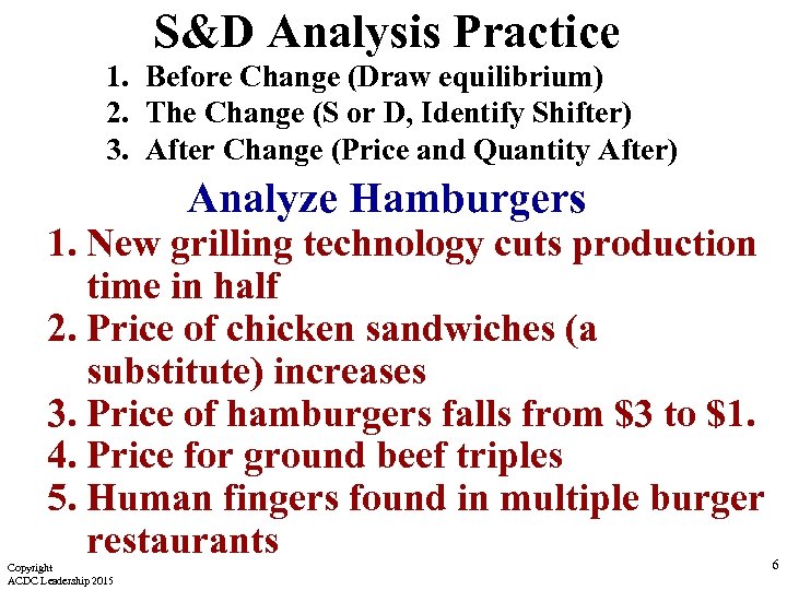 S&D Analysis Practice 1. Before Change (Draw equilibrium) 2. The Change (S or D,