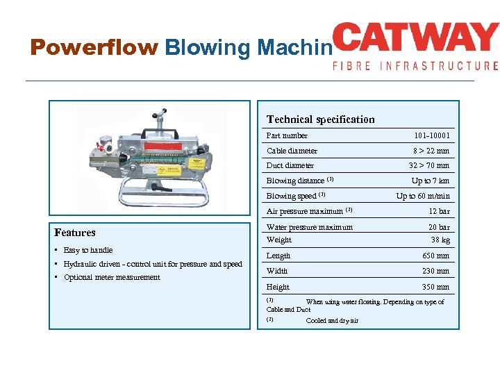 Powerflow Blowing Machine Technical specification Part number 101 -10001 Cable diameter 8 > 22