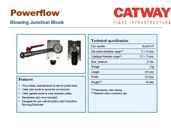 Powerflow Blowing Junction Block Technical specification Part number KA 60147 Microduct diameter range (1)