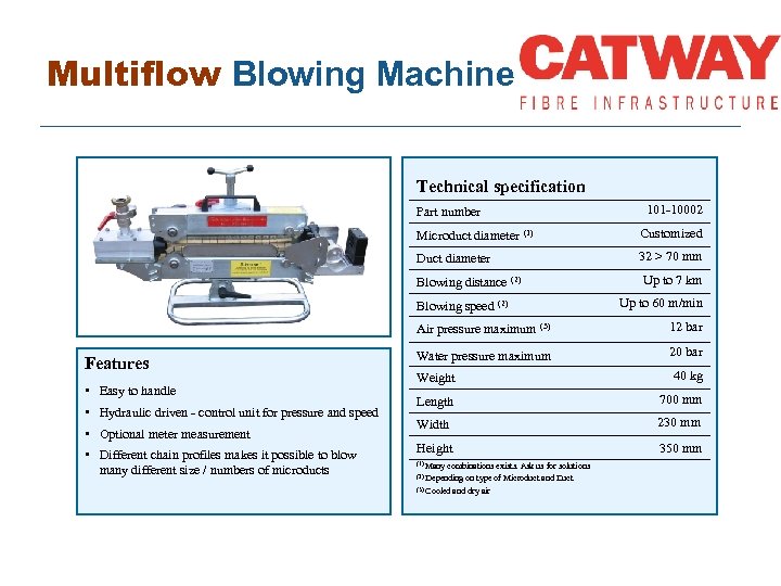 Multiflow Blowing Machine Technical specification Part number 101 -10002 Microduct diameter (1) Customized Duct