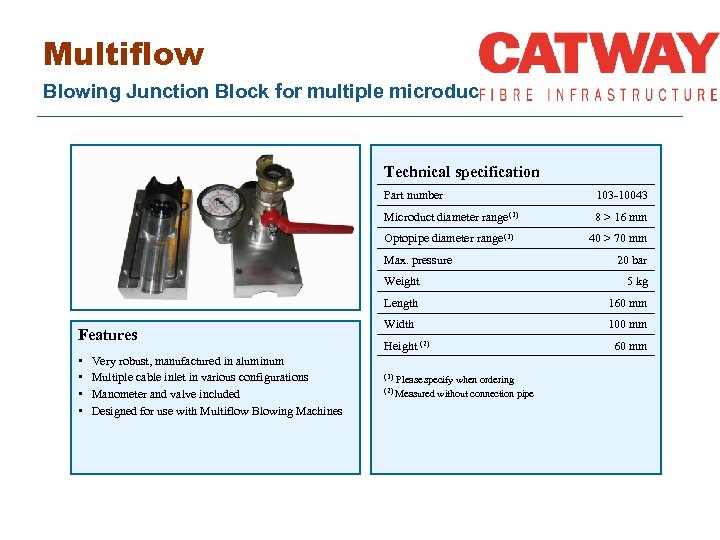 Multiflow Blowing Junction Block for multiple microducts Technical specification Part number 103 -10043 Microduct