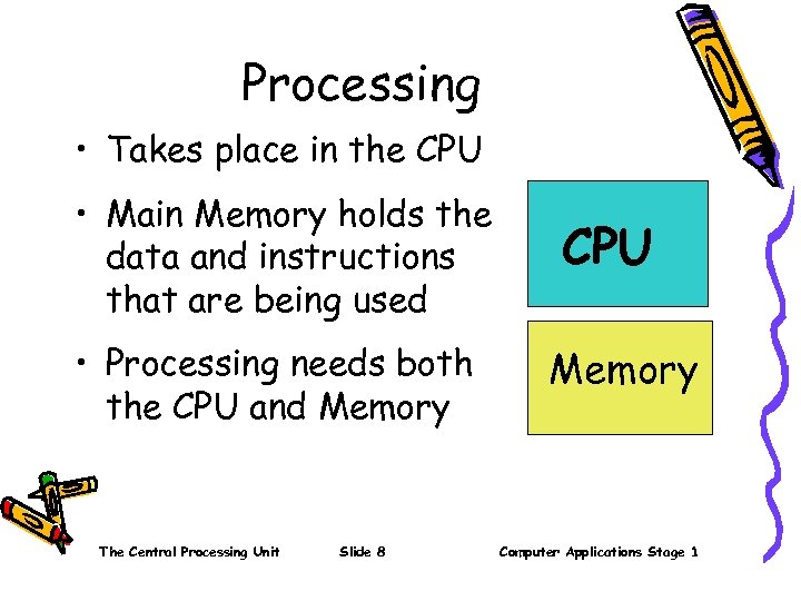 Processing • Takes place in the CPU • Main Memory holds the data and