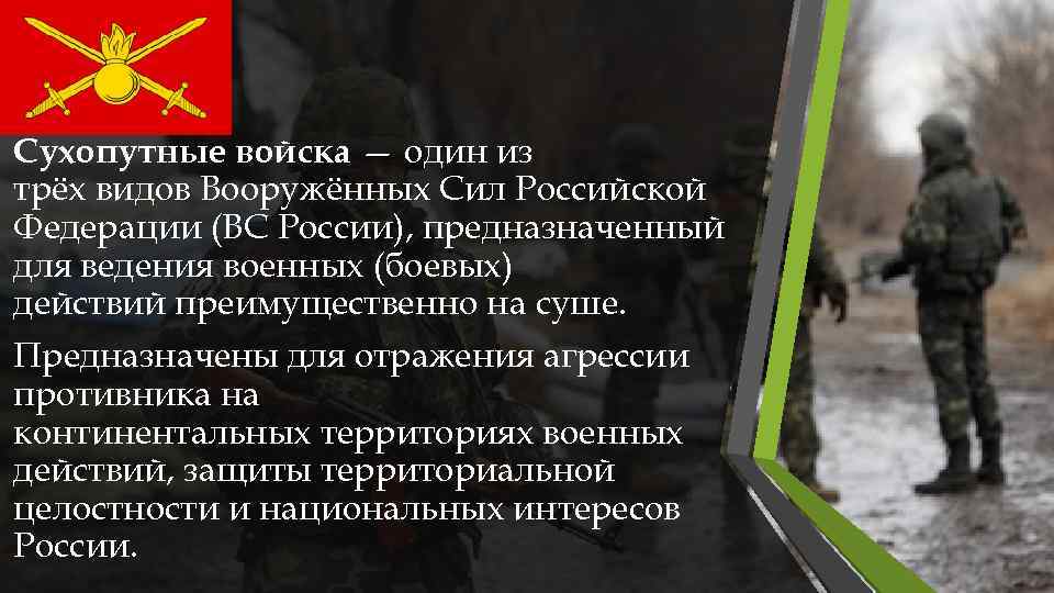 Сухопутные войска — один из трёх видов Вооружённых Сил Российской Федерации (ВС России), предназначенный