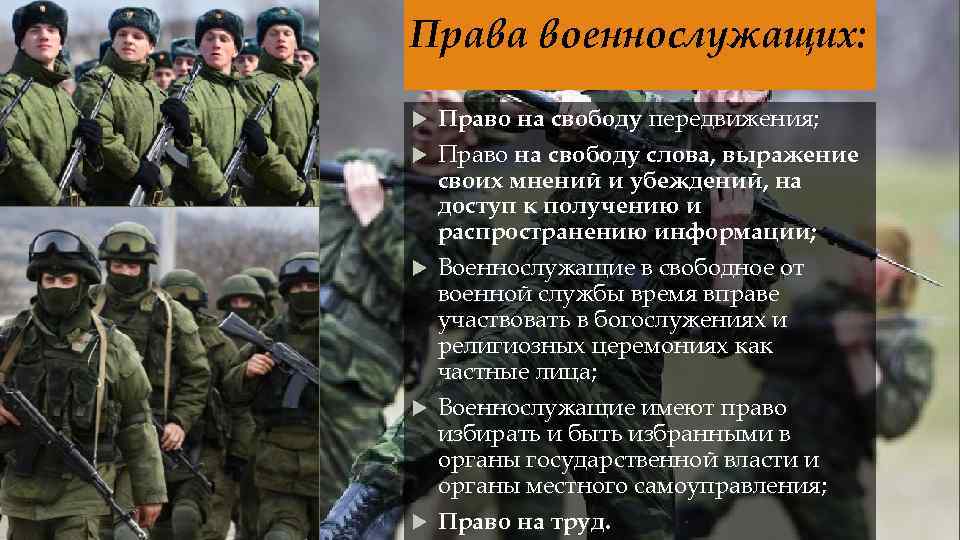 Права военнослужащих: Право на свободу передвижения; Право на свободу слова, выражение своих мнений и