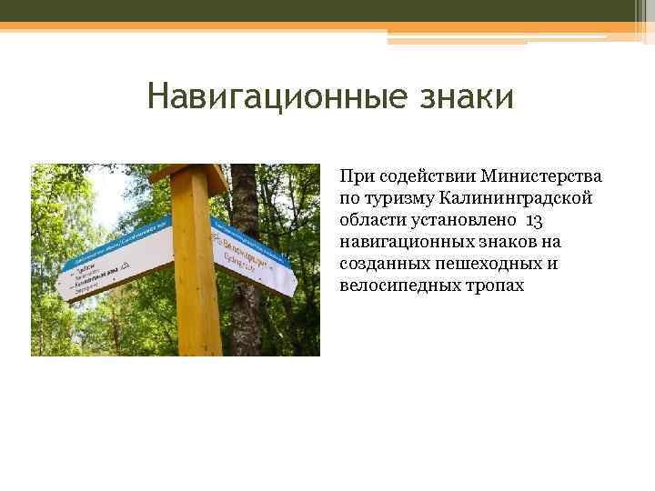 Навигационные знаки При содействии Министерства по туризму Калининградской области установлено 13 навигационных знаков на