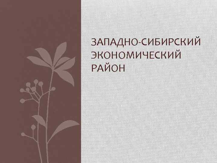 ЗАПАДНО-СИБИРСКИЙ ЭКОНОМИЧЕСКИЙ РАЙОН 