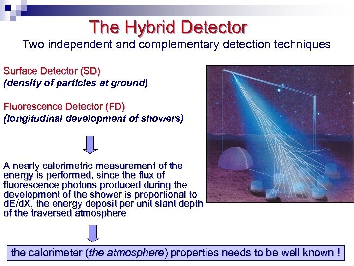 The Hybrid Detector Two independent and complementary detection techniques Surface Detector (SD) (density of