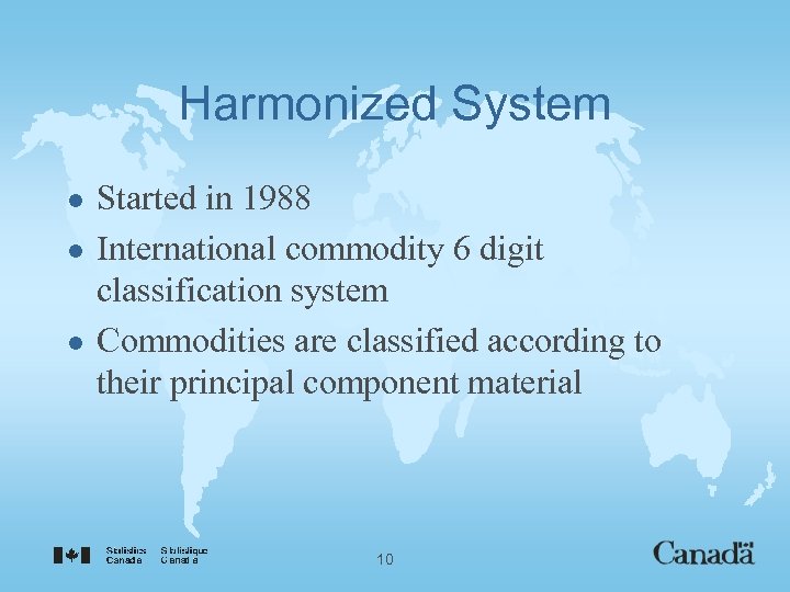 Harmonized System l l l Started in 1988 International commodity 6 digit classification system