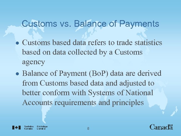 Customs vs. Balance of Payments l l Customs based data refers to trade statistics