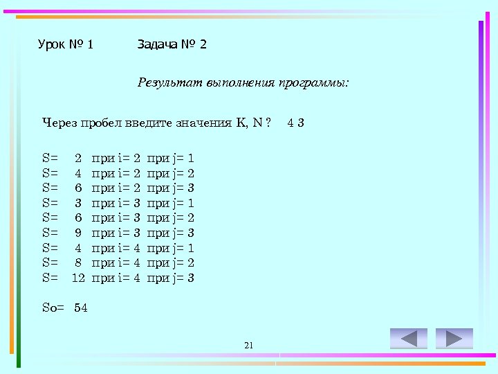 Урок № 1 Задача № 2 Результат выполнения программы: Через пробел введите значения K,