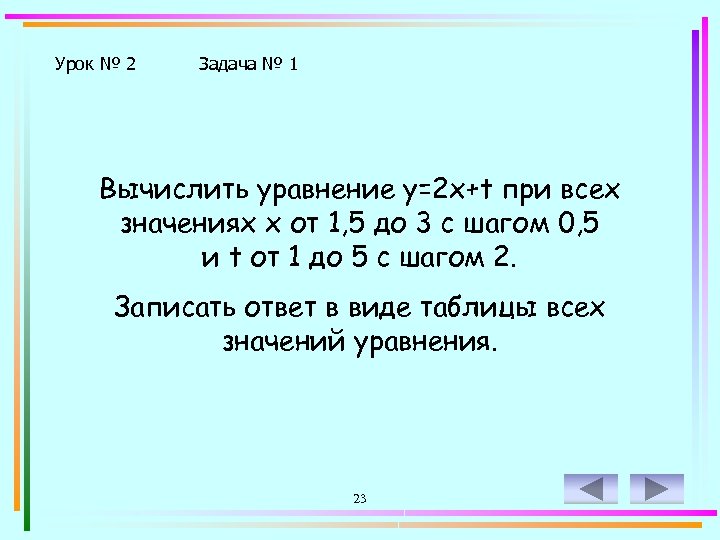 Урок № 2 Задача № 1 Вычислить уравнение у=2 х+t при всех значениях х