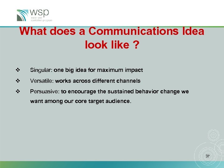 What does a Communications Idea look like ? v Singular: one big idea for