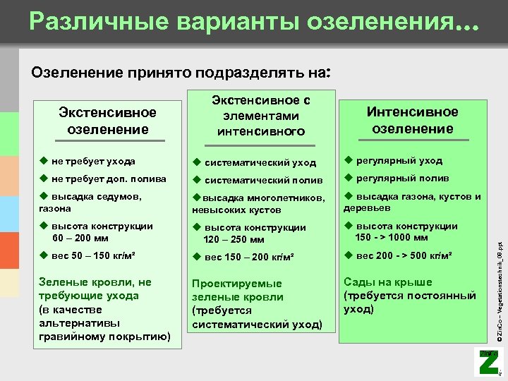 Различные варианты озеленения… Озеленение принято подразделять на: Экстенсивное озеленение Экстенсивное с элементами интенсивного Интенсивное