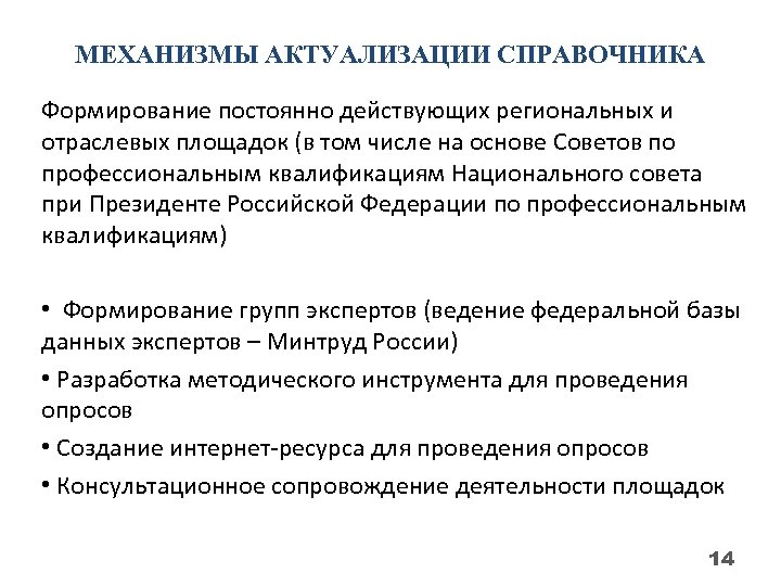 МЕХАНИЗМЫ АКТУАЛИЗАЦИИ СПРАВОЧНИКА Формирование постоянно действующих региональных и отраслевых площадок (в том числе на