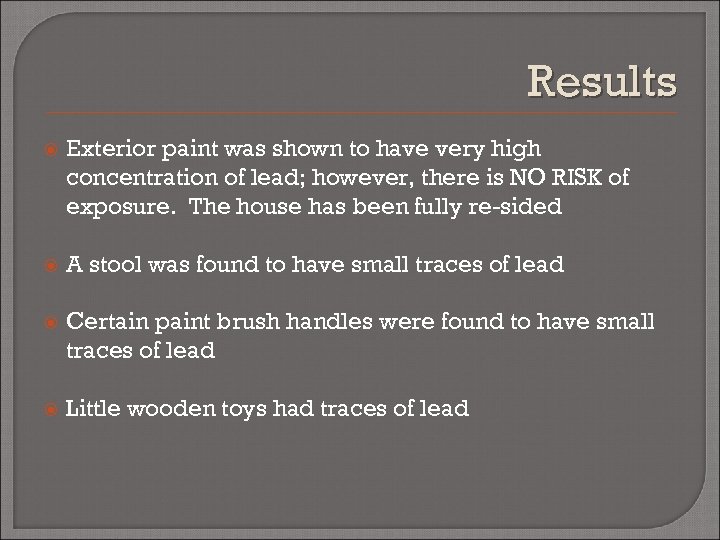 Results Exterior paint was shown to have very high concentration of lead; however, there