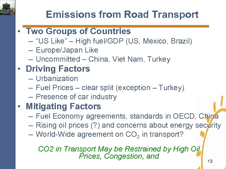 Emissions from Road Transport • Two Groups of Countries – “US Like” – High