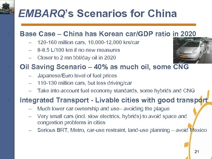 EMBARQ’s Scenarios for China • Base Case – China has Korean car/GDP ratio in