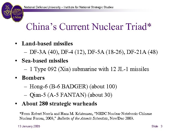 National Defense University – Institute for National Strategic Studies China’s Current Nuclear Triad* •